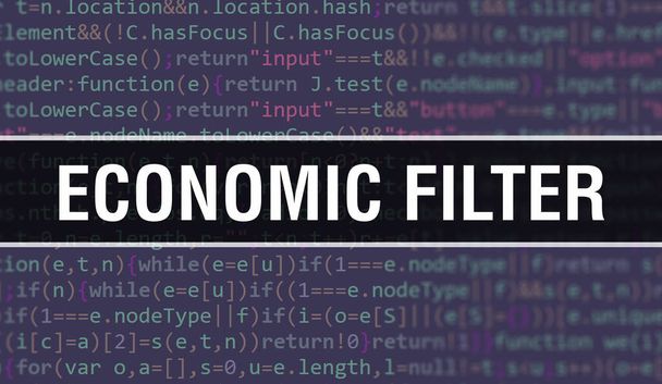 プログラムやアプリを開発するためのコードを使用して経済的なフィルタの概念図。経済暗い背景にブラウザビューでカラフルなタグでウェブサイトのコードをフィルタリングします。初心者向け経済フィルター - 写真・画像
