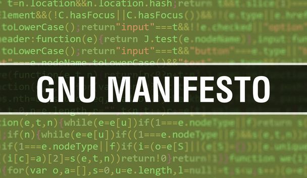 Иллюстрация концепции GNU с использованием кода для разработки программ и приложений. Код веб-сайта GNU Manifesto с яркими тегами в браузере на темном фоне. GNU - о бинарных вычислениях - Фото, изображение