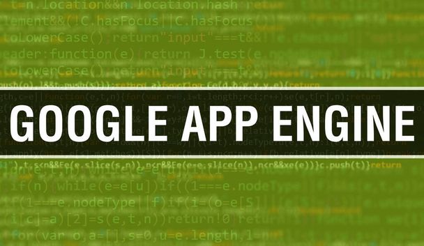 Google App Engine koncepció illusztráció kóddal programok és alkalmazások fejlesztéséhez. Google App Engine weboldal kód színes címkékkel a böngésző nézet sötét háttérrel. Google App Engine binárisan - Fotó, kép