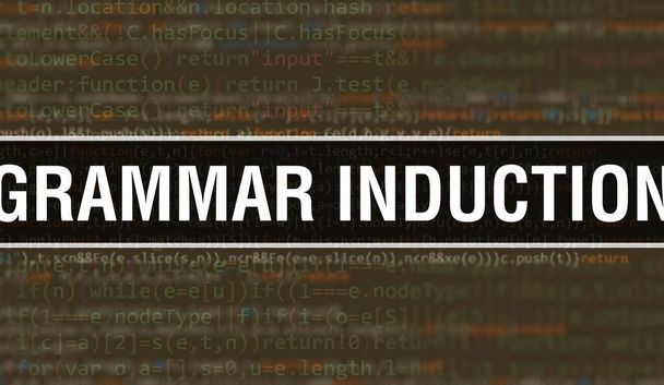 Поняття граматичної індукції використовує код для розробки програм і додатків. Код Граматичної індукції з кольоровими тегами в браузері на темному тлі. Граматична індукція на бінар - Фото, зображення