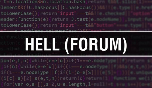 Hell (forum) ilustracja koncepcyjna za pomocą kodu do tworzenia programów i aplikacji. Kod strony internetowej Hell (forum) z kolorowymi znacznikami w widoku przeglądarki na ciemnym tle. Piekło (forum) na binarnym kodzie komputera - Zdjęcie, obraz