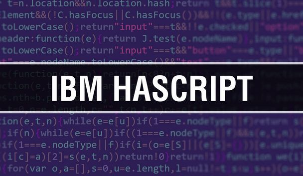 IBM HAScript konsepti kuvitus käyttäen koodia kehittää ohjelmia ja sovellus. IBM HAScript verkkosivuston koodi värikkäitä tunnisteita selaimen näkymä tummalla taustalla. IBM HAScript binäärikoodissa - Valokuva, kuva