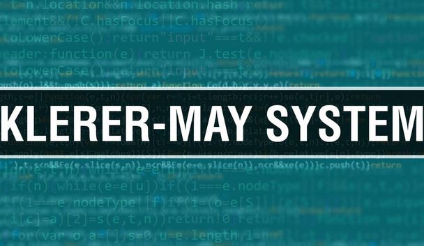 Ilustracja koncepcji Klerer-May System przy użyciu kodu do tworzenia programów i aplikacji. Kod strony internetowej Klerer-May System z kolorowymi tagami w widoku przeglądarki na ciemnym tle. System Klerer-May na binarze - Zdjęcie, obraz