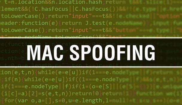 Illustration des MAC-Spoofing-Konzepts mittels Code für die Entwicklung von Programmen und Apps. MAC-Spoofing-Website-Code mit bunten Tags in Browser-Ansicht auf dunklem Hintergrund. MAC-Spoofing auf binärem Computercode - Foto, Bild
