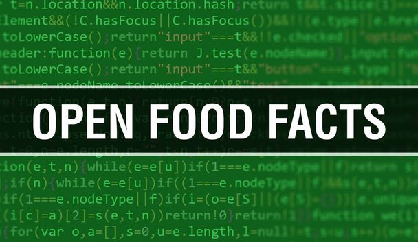 Концептуальная иллюстрация Open Food Facts с использованием кода для разработки программ и приложений. Код сайта Open Food Facts с яркими тегами в окне браузера на темном фоне. Факты об открытом питании на бинаре - Фото, изображение