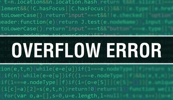 Overflow error concept illustratie met behulp van code voor het ontwikkelen van programma 's en app. Overloop fout website code met kleurrijke tags in browser weergave op donkere achtergrond. Overloopfout op binaire berekening - Foto, afbeelding