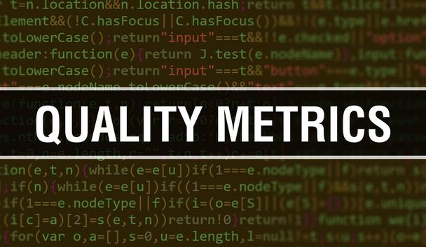 Ilustración del concepto de Quality Metrics usando código para desarrollar programas y aplicaciones. Calidad Métricas código del sitio web con etiquetas de colores en la vista del navegador en el fondo oscuro. Métricas de calidad en binar - Foto, imagen