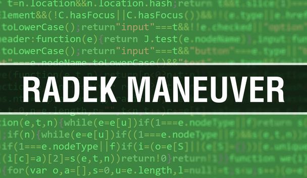 Radek Maneuverのコンセプトイラストは、プログラムやアプリを開発するためのコードを使用しています。ダークな背景にブラウザビューでカラフルなタグを持つRadek Maneuverウェブサイトコード。二進計算でラデク・マヌーバー - 写真・画像