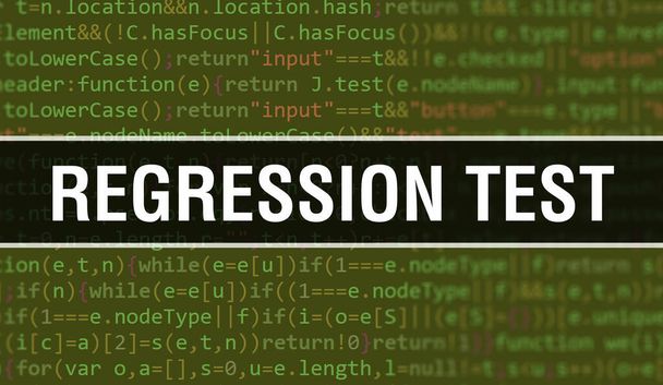 Иллюстрация концепции регрессионного тестирования с использованием кода для разработки программ и приложений. Код сайта Regression Test с яркими тегами в окне браузера на темном фоне. Регрессионный тест на бинаре - Фото, изображение