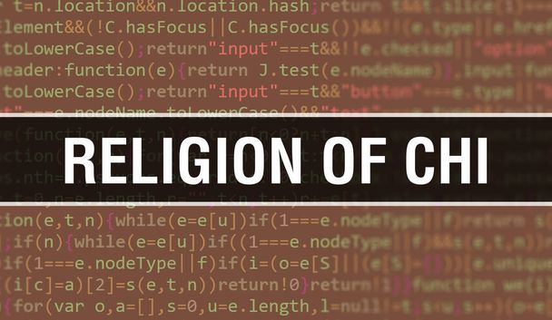 プログラムやアプリを開発するためのコードを使用してチーの概念図の宗教。暗い背景にブラウザビューでカラフルなタグを持つチーのウェブサイトコードの宗教。チーの宗教 - 写真・画像