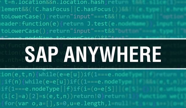 プログラムやアプリを開発するためのコードを使用して、どこでもSAPの概念図。SAP暗い背景にブラウザビューでカラフルなタグを持つどこでもウェブサイトコード。SAPバイナリコンピュータコードのどこでも - 写真・画像