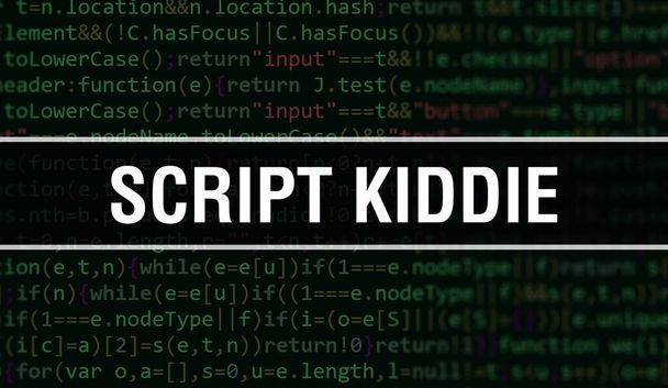 Ilustración del concepto de script kiddie usando código para desarrollar programas y aplicaciones. Script kiddie código del sitio web con etiquetas de colores en la vista del navegador en el fondo oscuro. Script kiddie en computación binaria - Foto, imagen