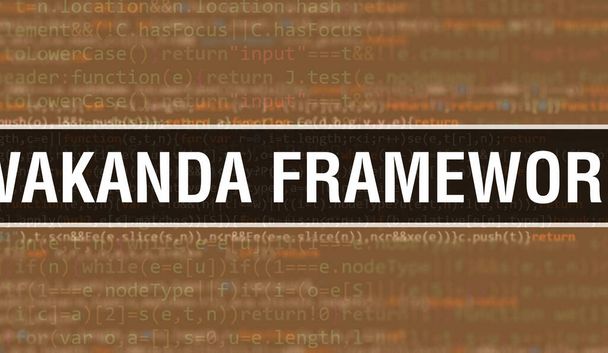 Ilustración del concepto de Wakanda Framework utilizando código para desarrollar programas y aplicaciones. Código del sitio web de Wakanda Framework con etiquetas coloridas en la vista del navegador sobre fondo oscuro. Marco de Wakanda sobre el binar - Foto, imagen