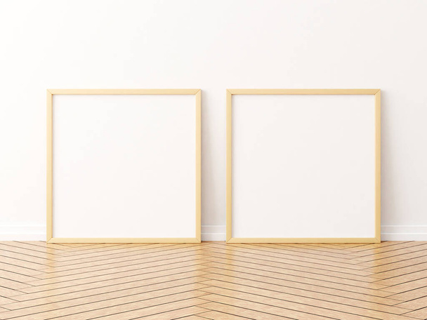 木製の床に2つの正方形の木製のフレームモックアップ。3Dレンダリング. - 写真・画像
