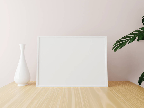Білий горизонтальний каркас макет на дерев'яному столі з вазою і рослинами. 3D візуалізація
. - Фото, зображення