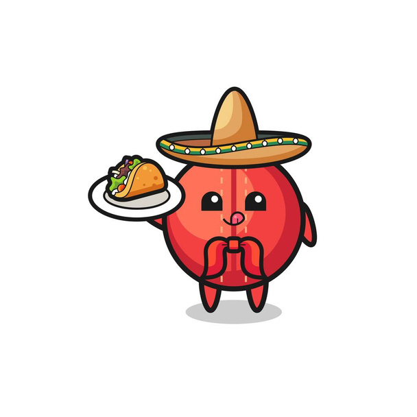 kriket míč mexický kuchař maskot drží taco, roztomilý design - Vektor, obrázek