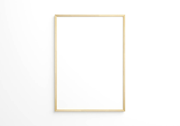 vertical thin wooden frame on white wall. 3d rendering. - Фото, изображение