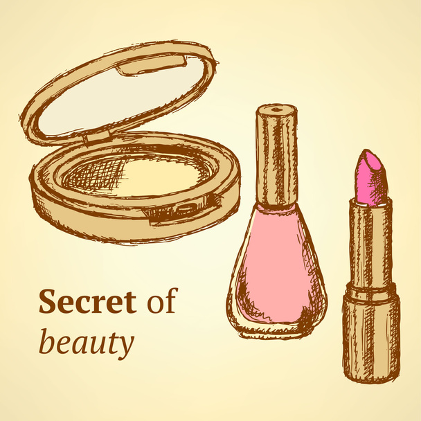 Sketch beauty equipment in vintage style - Vector, afbeelding