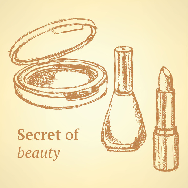 Sketch beauty equipment in vintage style - Vector, imagen