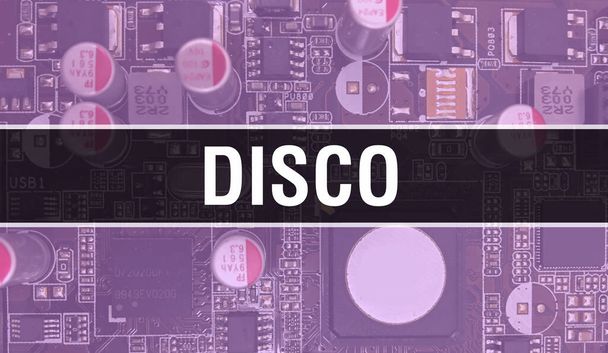 Disco with Technology Motherboard Digital. Disco and Computer Circuit Board Electronic Computer Hardware Technology Motherboard Digital Chip concept. Close up Disco with integrated circuits boar - Zdjęcie, obraz