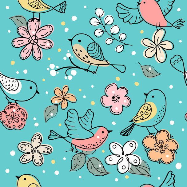 Colorful doodle bird, flower seamless pattern. Collection of flat hand drawn birds. Cute background for textile print, wrapping paper. Vector illustration. - Vector, afbeelding