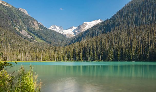 Bela paisagem com lago azul-turquesa, floresta e montanhas. Mountain Lake Joffre Colúmbia Britânica. Foto de viagem, foco seletivo, ninguém, espaço de cópia para texto, preservação de foto conceito - Foto, Imagem