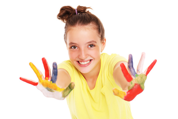 Happy girl with painted hands - Photo, Image