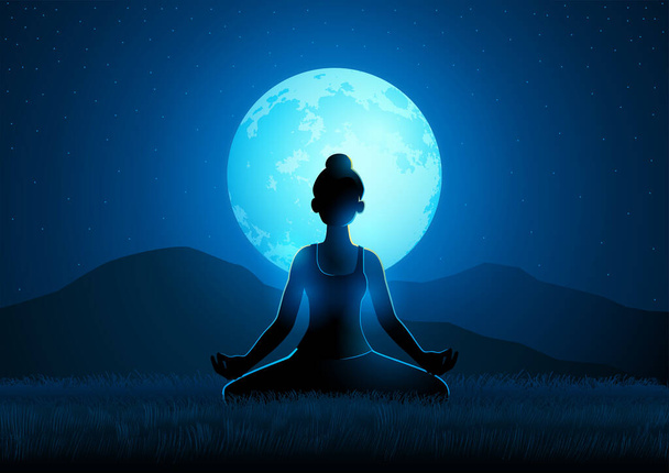Sereniteit in de natuur, mooie vrouw die yoga doet op een volle maan achtergrond, vectorillustratie in EPS 10 formaat - Vector, afbeelding