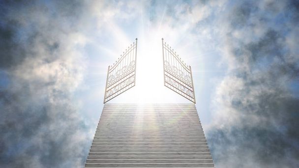 Escalera que conduce a través de las nubes para abrir la puerta en el cielo. Religión, cristianismo y vida después de la muerte concepto. Ilustración 3D renderizada. - Foto, Imagen