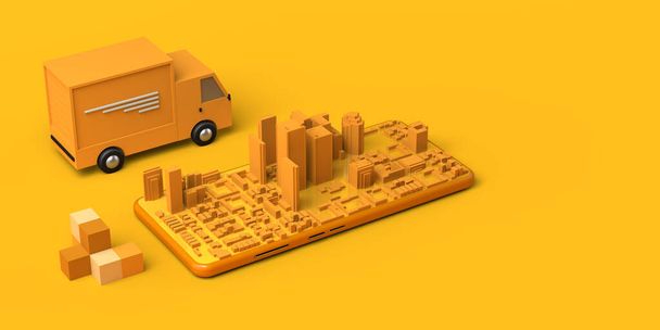 Concept de livraison avec camion en ville et smartphone. Logistique. Suivi en ligne. Espace de copie. Illustration 3D. - Photo, image
