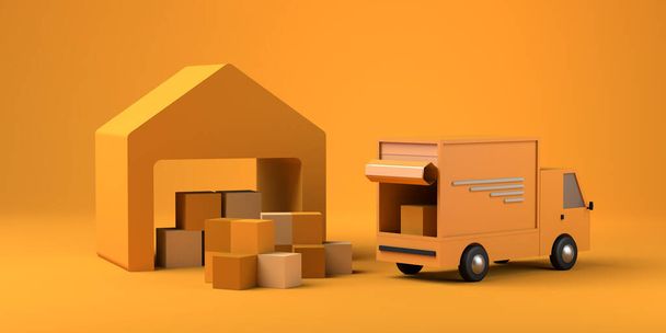 Концепция доставки с погрузкой грузовиков коробки на складе. Логистика. Принято. 3D иллюстрация. - Фото, изображение
