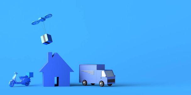 Logistics and delivery concept with drone, truck, motorcycle and house. Logistics. Copy space. 3D illustration. - Photo, Image
