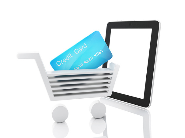 internet shopping concept. Shopping cart and tablet  - Fotoğraf, Görsel