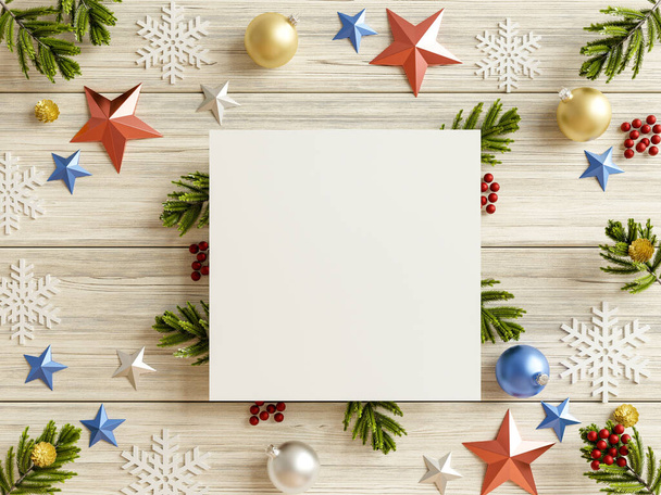 Mockup paper blank on christmas tree branches which has a wooden back.3D rendering - Foto, immagini