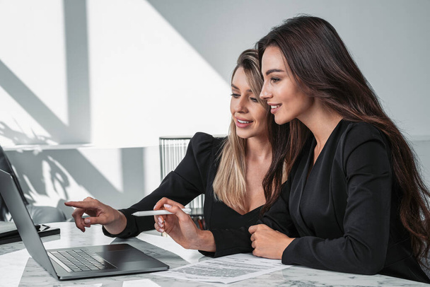 Two office women smiling, wearing black dress and suit, computer on table in business room, point at the screen and making notes. Concept of business secretary and teamwork - 写真・画像