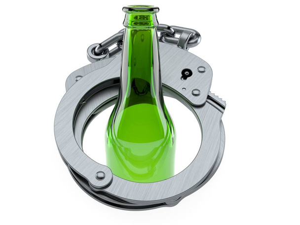Green glass bottle inside handcuffs isolated on white background. 3d illustration - Fotografie, Obrázek