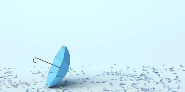 Umbrella on the ground by the air and winter snowflakes. Copy space. 3D illustration. - Photo, Image