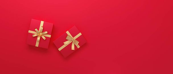 Boîte cadeau rouge avec ruban doré sur fond rouge. Illustration 3D. - Photo, image