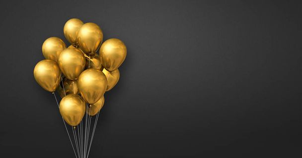 Gold balloons bunch on a black wall background. Horizontal banner. 3D illustration render - Foto, immagini