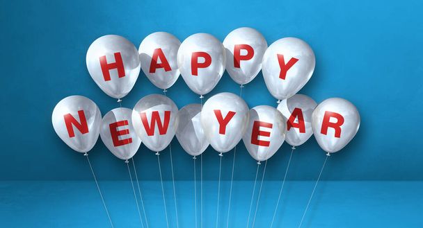 White happy new year balloons bunch on a blue concrete background. Horizontal banner. 3D illustration render - Foto, immagini