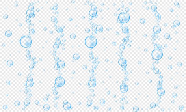 Bolle di ossigeno blu su sfondo trasparente. Texture gassata frizzante della bevanda. Corrente d'aria d'acqua in mare o acquario. Illustrazione realistica vettoriale - Vettoriali, immagini