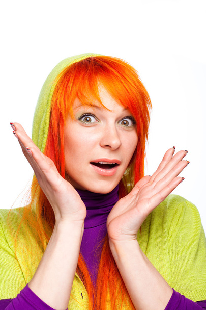 Surprised red hair woman with open hands and mouth - 写真・画像