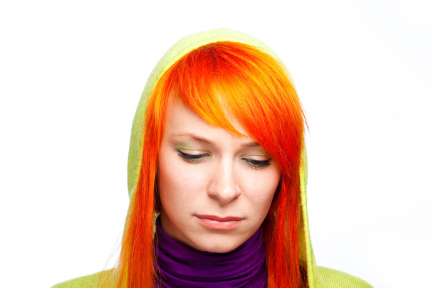 Upsed red hair woman looking down - Фото, изображение