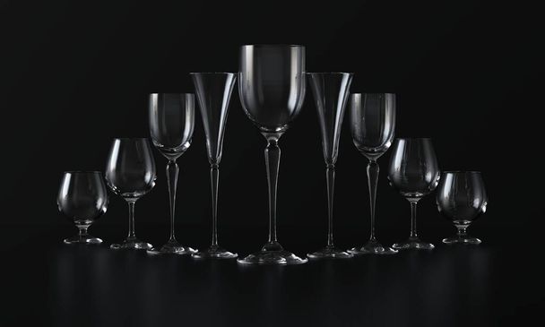 Muitos copos de vinho de diferentes formas. Fundo escuro. Renderização 3d - Foto, Imagem
