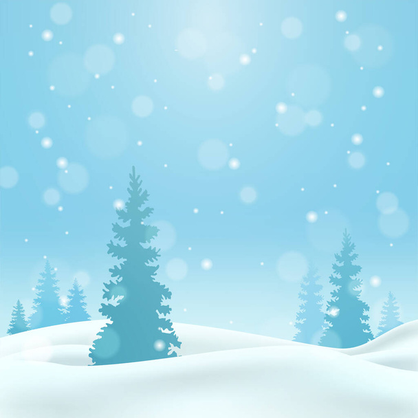 Chute de neige dans la forêt d'hiver. Fond saisonnier moderne, bannière bleue avec espace de copie. Paysage avec pins et sapins, ciel enneigé. Eps10. - Vecteur, image