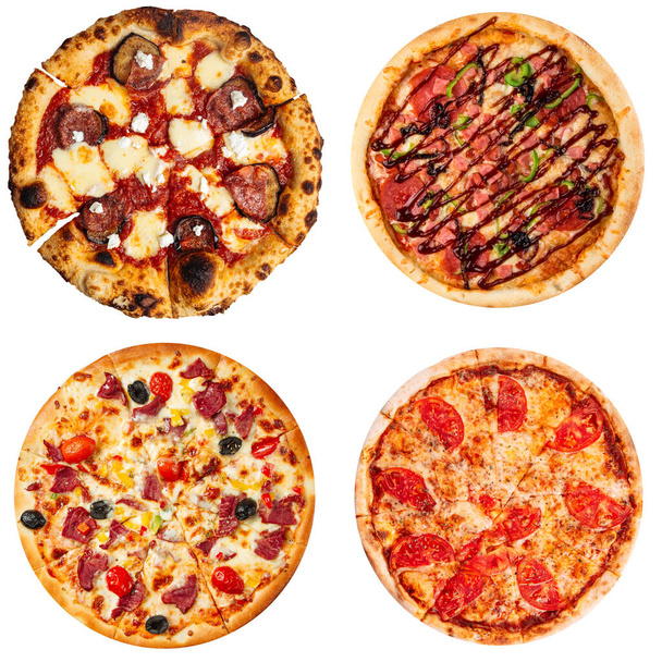 Set von vier verschiedenen Pizzen isoliert auf weiß - Foto, Bild