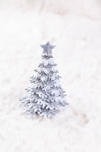 Christmas little trees and wool background. - Zdjęcie, obraz