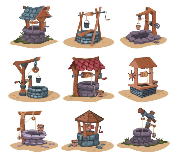 Cartoon village water well. Rustic country aqua source with bucket and handle made of wood and stone. Ancient liquid extraction construction. Vector countryside landscape elements set - Vector, Image