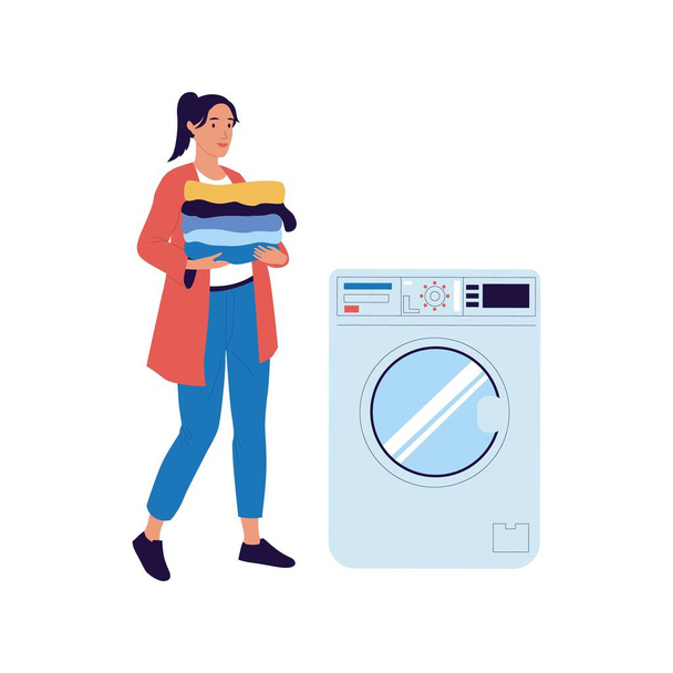 Woman carries things to washing machine. Female holding clean garment stack. Laundry equipment. Housewife loading clothes in washer. Electric household appliance. Vector housekeeping - Vector, Image
