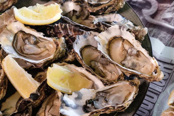 Dish of raw oysters with lemon slices. Fresh oysters selective focus. - Photo, Image
